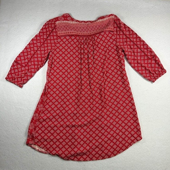 Lucky Brand Dress Womens Large Red Peasant Boho Tunic 3/4 Sleeve Aztec - Picture 2 of 6